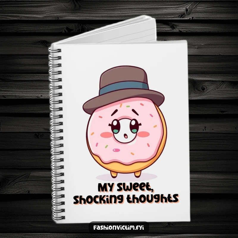 Funny notebook with a donut character in a designer hat looking shocked at its reflection, inspiring sweet thoughts.