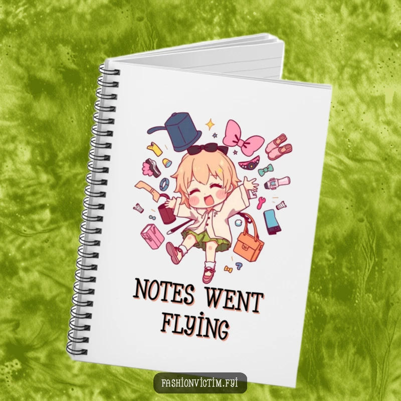 Funny notebook with a character dramatically tripping and scattering fashion items, designed for capturing creative thoughts.