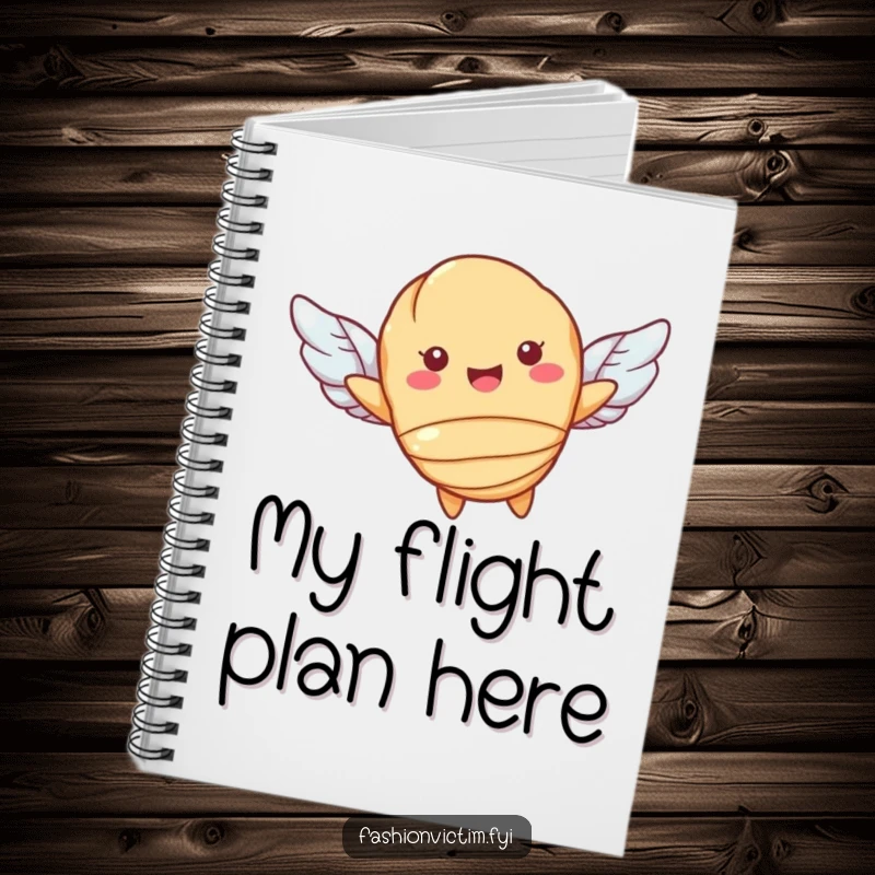 Funny notebook with a happy croissant character flying on tiny wings, inspiring creativity. A whimsical pastry design for note-taking.