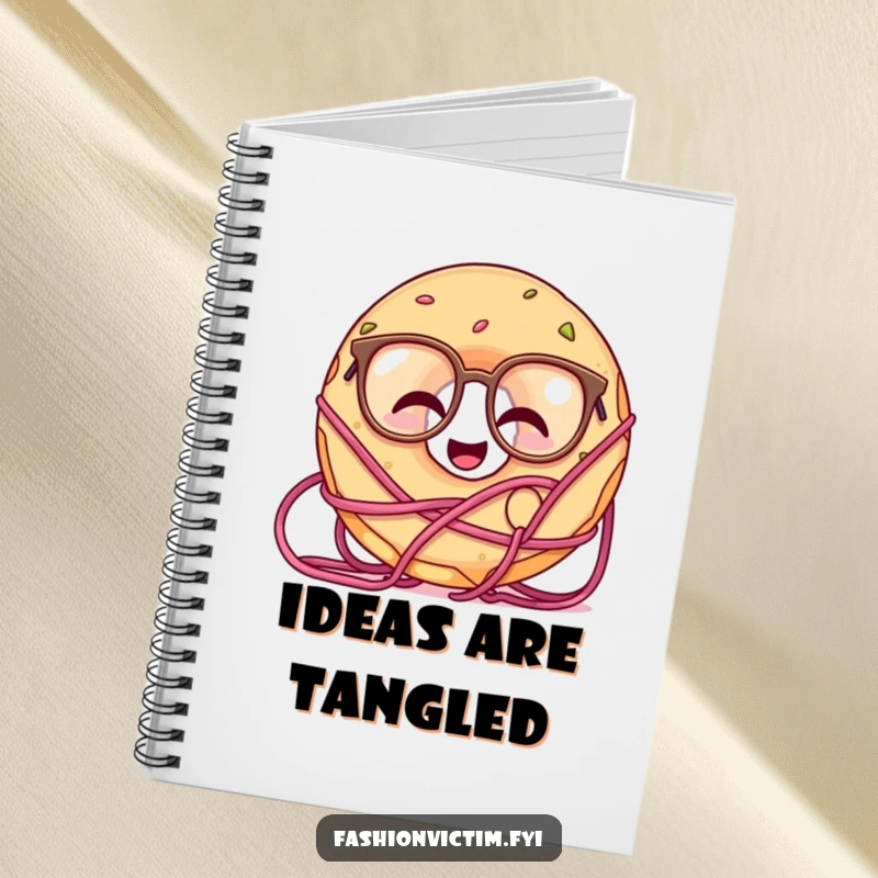 Funny notebook cover with a giggling doughnut wearing oversized glasses, tangled in yarn, ready for notes.