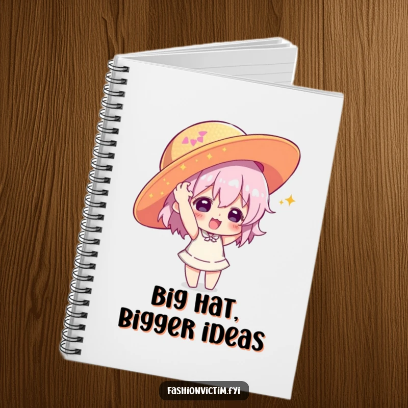 Funny notebook cover featuring a character playfully putting on a large, sequined hat, a humorous item for note-taking.