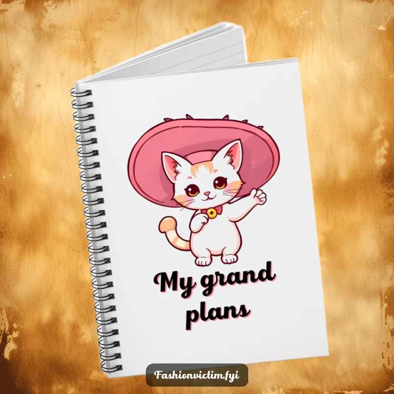Funny notebook with a kawaii cat in a giant, flamboyant hat. Humorous journal for creative minds.
