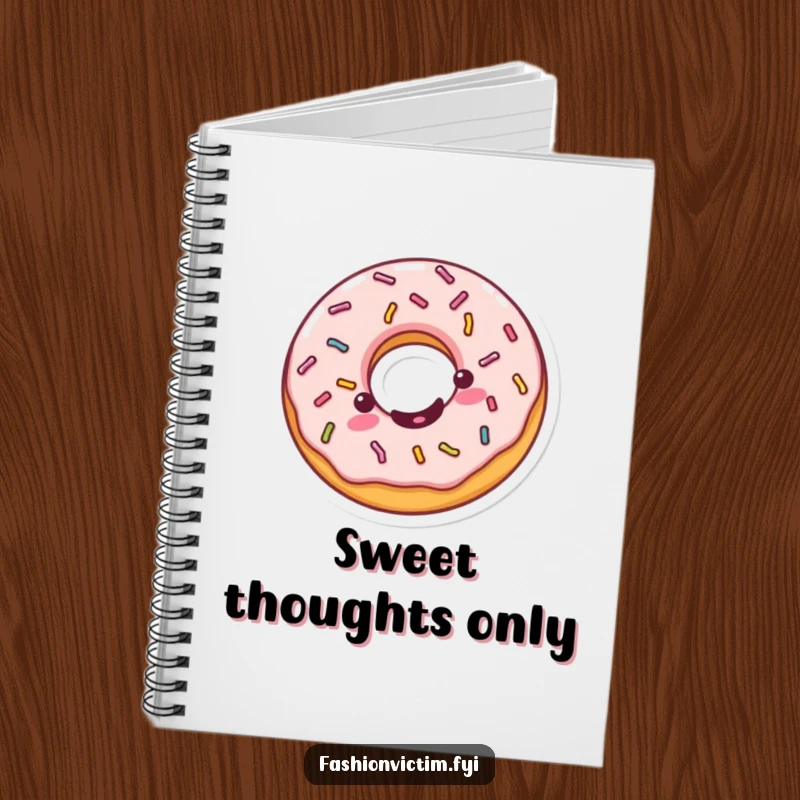 Funny Kawaii donut notebook, a cheerful donut spinning with sprinkles, ideal for writing, planning, and spreading humor.