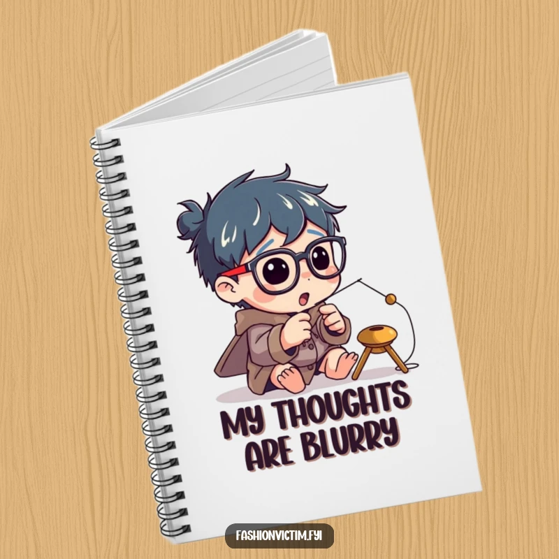 Funny notebook cover with a character enthusiastically attempting to thread a tiny needle while wearing enormous spectacles.