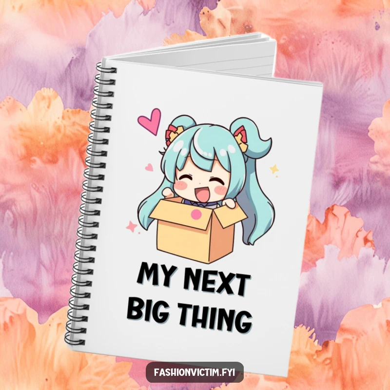 Funny Notebook: Character joyfully unboxing a massive, colorful accessory, perfect for humorous note-taking and idea generation.