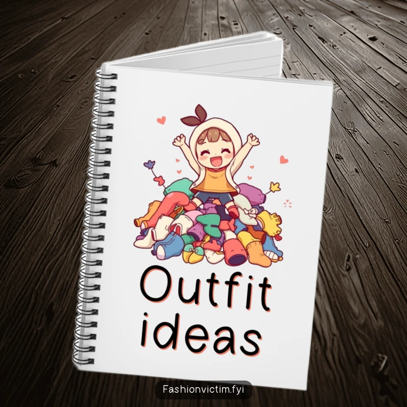 Funny notebook cover art featuring a character gleefully jumping into a vibrant pile of colorful, mismatched clothing, perfect for capturing ideas.