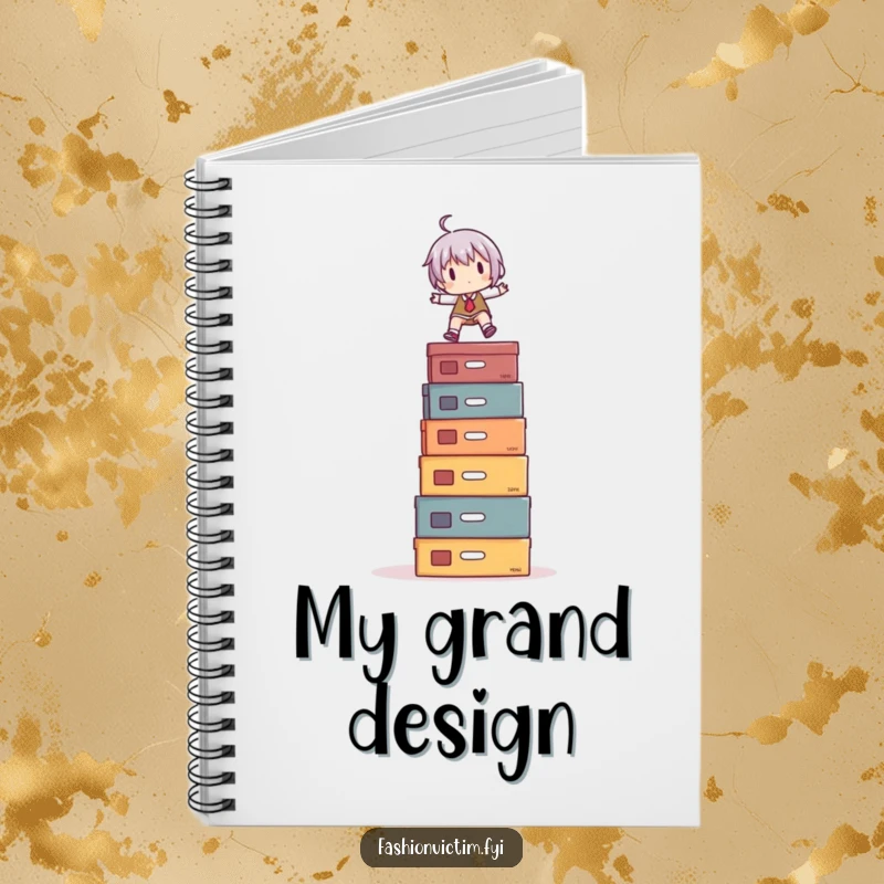 Funny Notebook: A small character in a daring balancing act on a stack of shoe boxes, perfect for humorous note-taking.