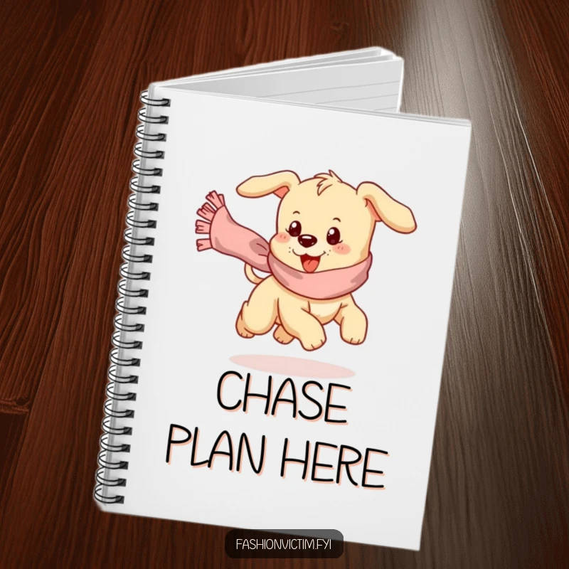 Funny notebook cover featuring a playful puppy comically chasing a runaway, frilly scarf.