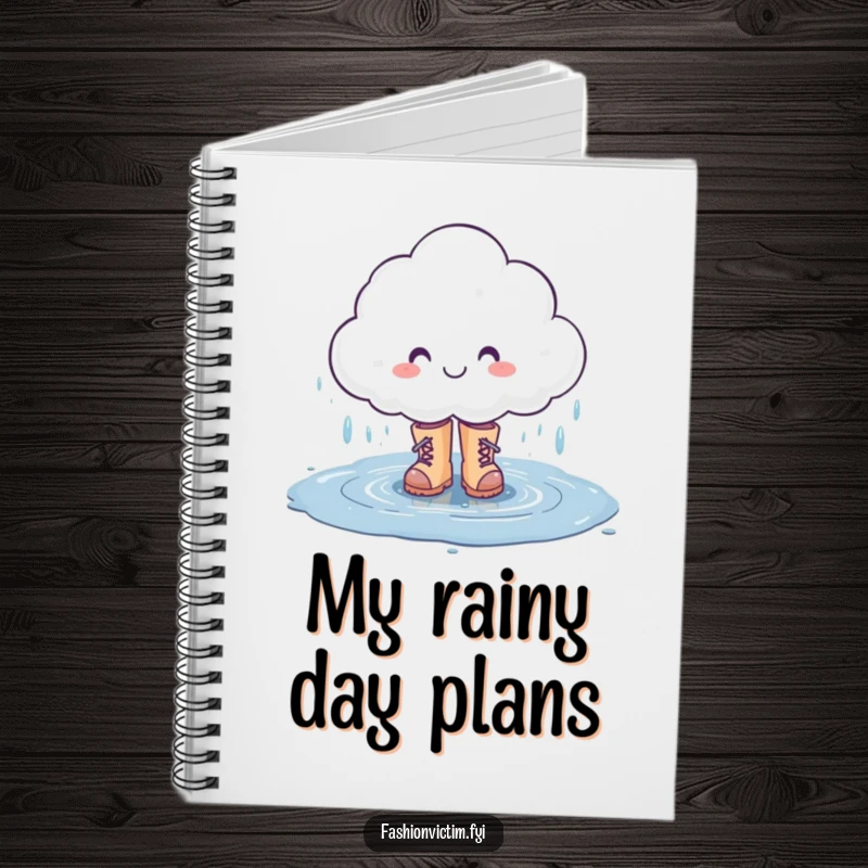 Funny notebook with a smiling rain cloud character splashing in a puddle with stylish boots, inspiring cheerful thoughts.