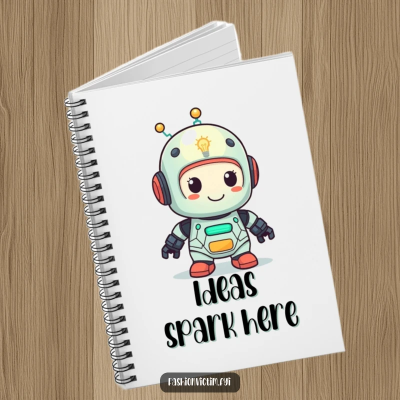 Funny notebook with a cute robot character featuring a lightbulb head, looking very pleased. Humorous journal.