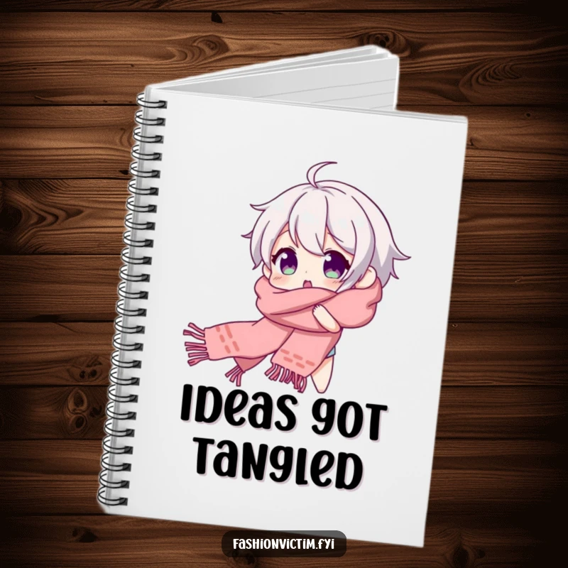 Funny notebook cover featuring a character tangled in a scarf, beaming with delightful surprise, symbolizing unexpected ideas.