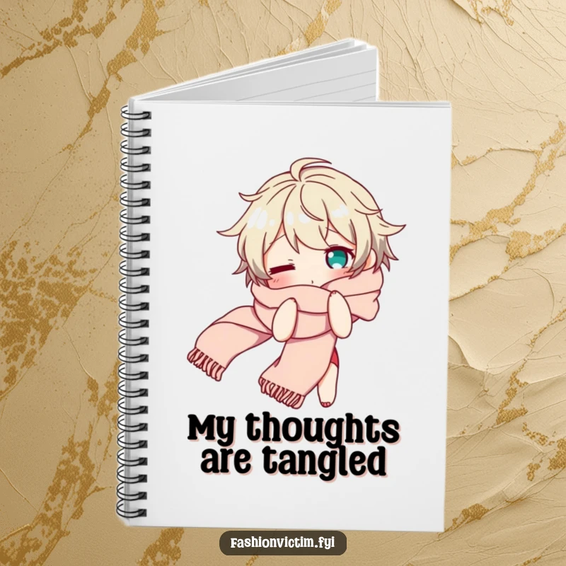 Funny notebook cover featuring a character looking bewildered while tangled in a long, flowing scarf, a humorous item for note-taking.