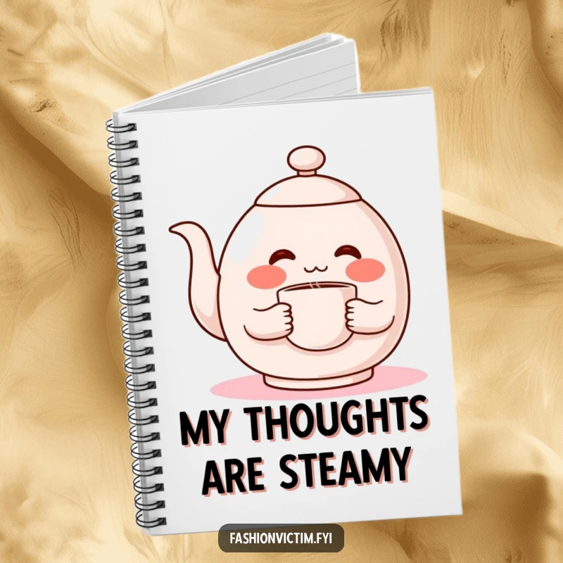 Funny notebook, a shy teapot character blushing intensely, white pages inside, perfect for writing and sketching.