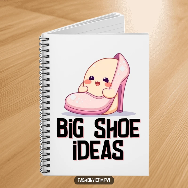 Funny notebook cover with a cheerful blob character admiring an oversized, sparkly shoe, a perfectly glamorous companion for your notes.