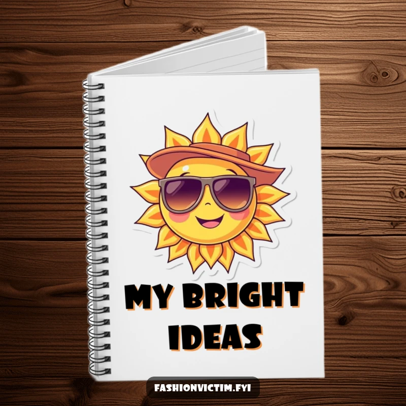 Funny Notebook design with a smiling sun character wearing oversized sunglasses and a stylish hat, perfect for note-taking.