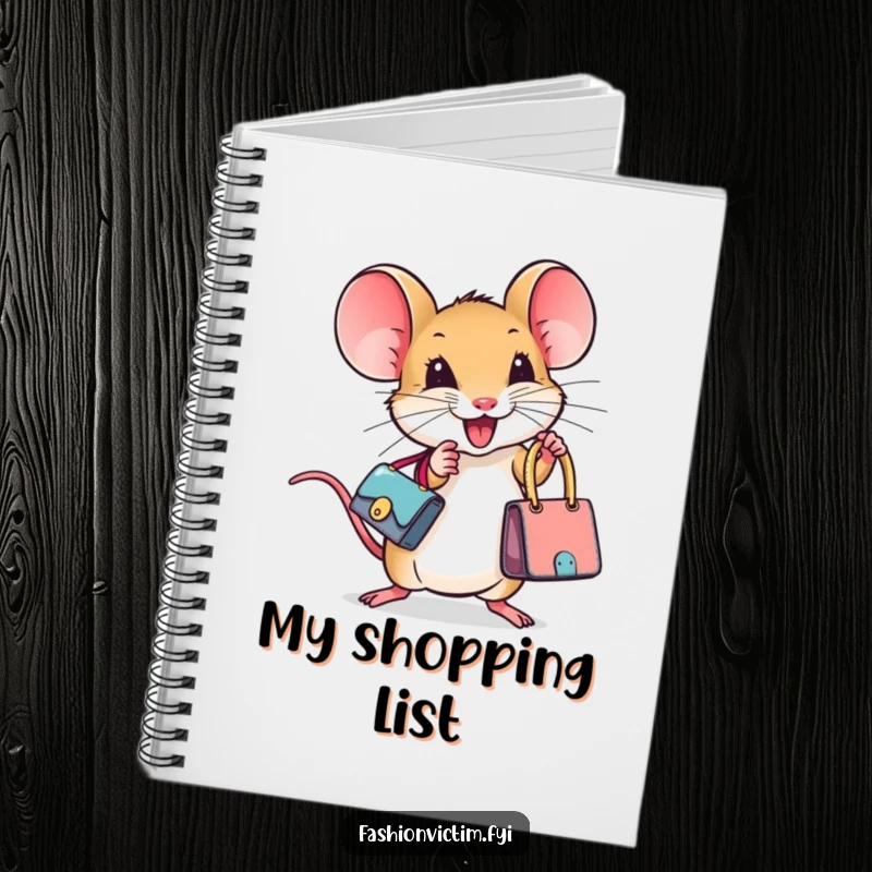 Funny notebook featuring a tiny mouse ecstatically holding a miniature designer handbag, perfect for jotting down stylish and humorous notes.