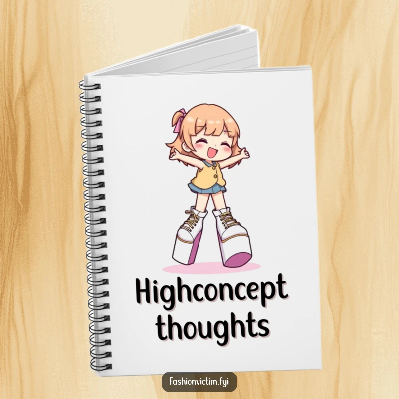 Funny notebook cover with a character gleefully attempting to walk in extremely high platform shoes, ideal for fashion notes.