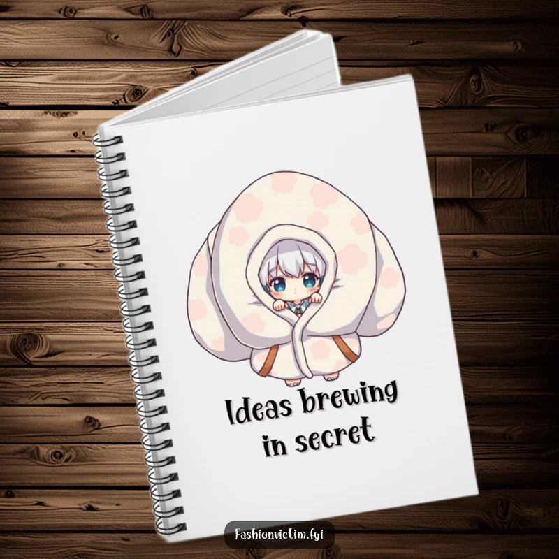 Funny Notebook with a design of a shy character peeking from a giant, colorful patterned garment, ideal for jotting down thoughts.