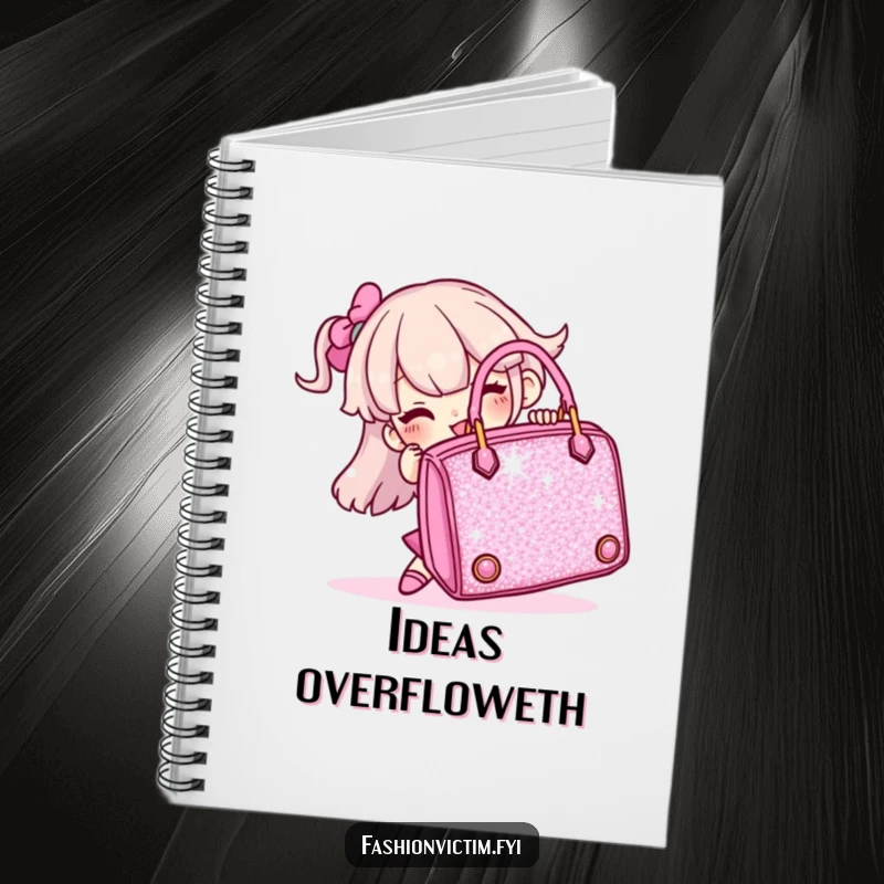 Funny notebook with a character struggling comically with a giant, sparkly handbag, great for notes.