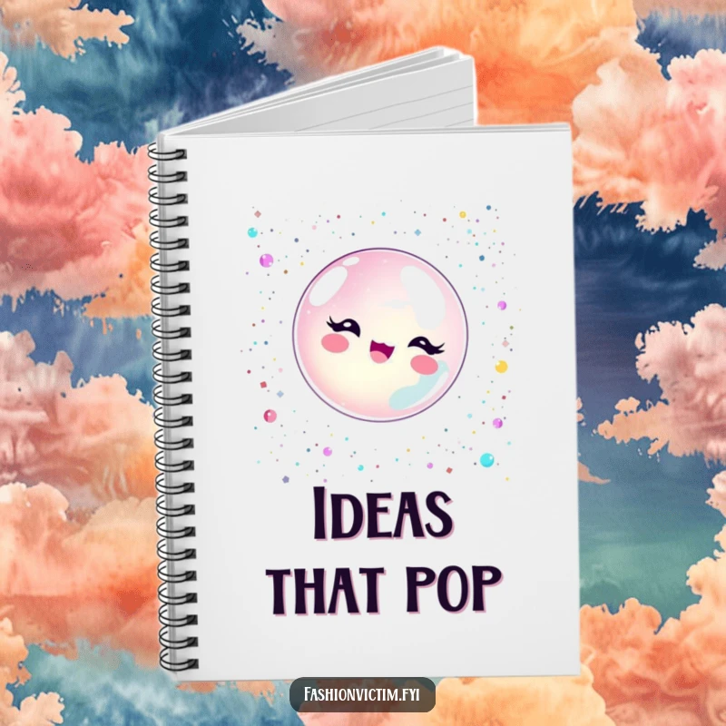 Funny bubble character popping with glitter and sequins on the cover of a sparkling notebook.