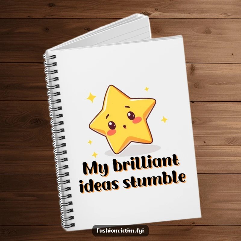 Funny notebook with a cute star character tripping over its own sparkle with a surprised expression, perfect for journaling creative thoughts and ideas.
