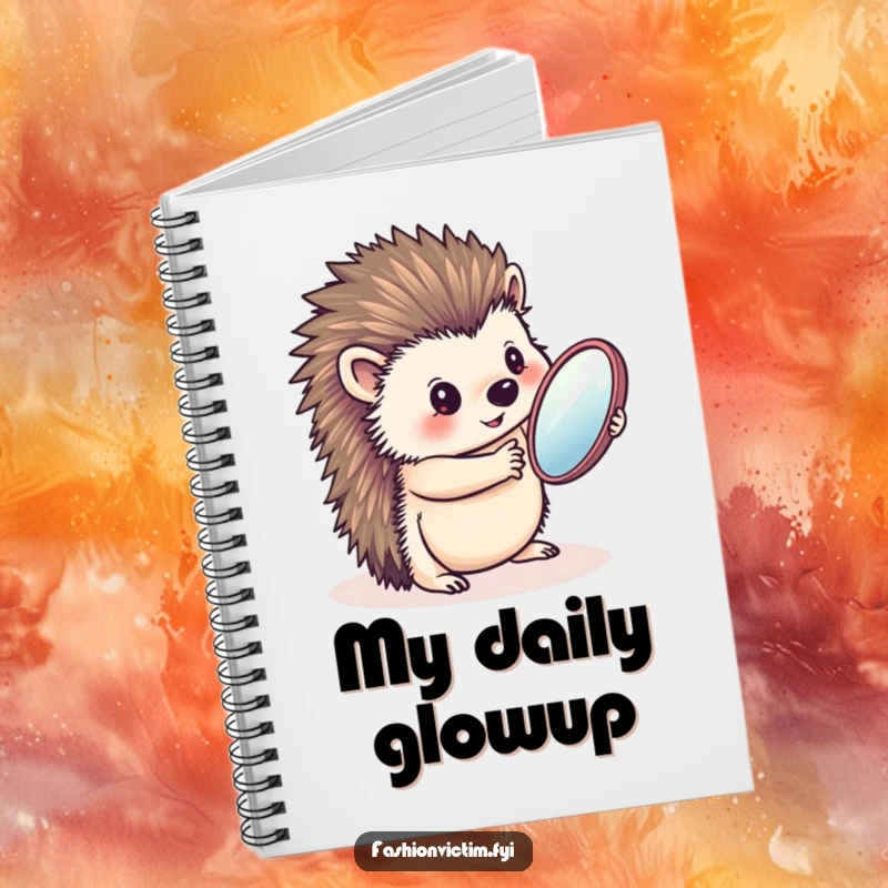 Funny notebook featuring a charming hedgehog admiring itself in a handheld mirror, perfect for jotting down stylish and humorous personal notes.