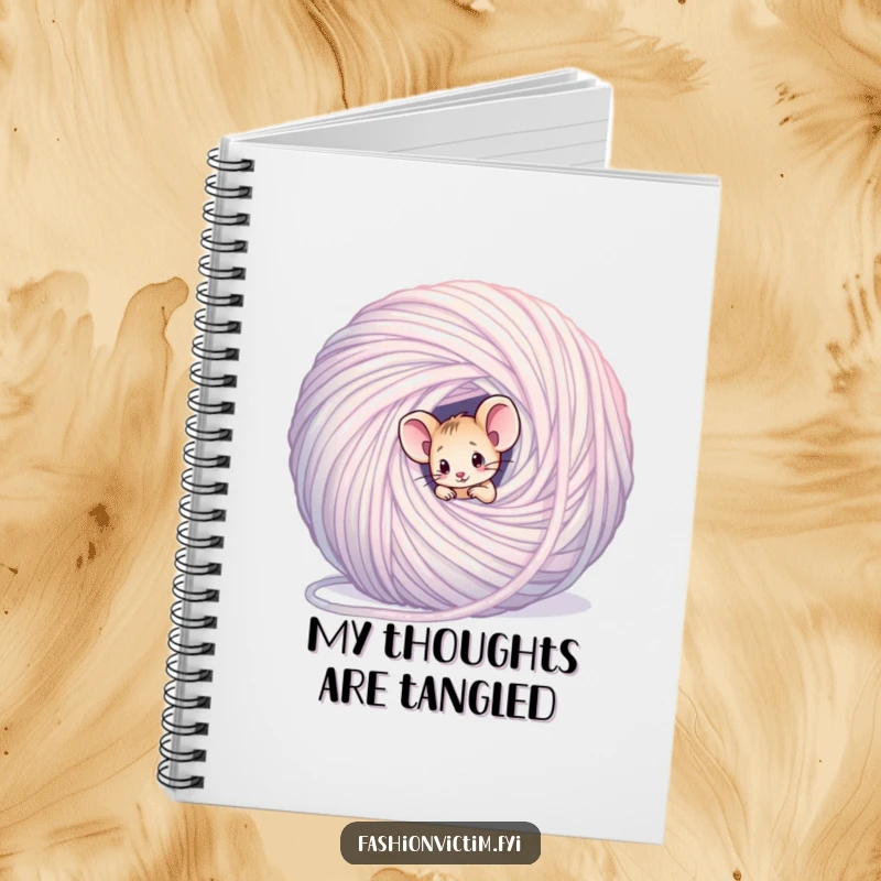 Funny mouse notebook, a tiny confused mouse tangled in a giant ball of yarn, perfect for writing.