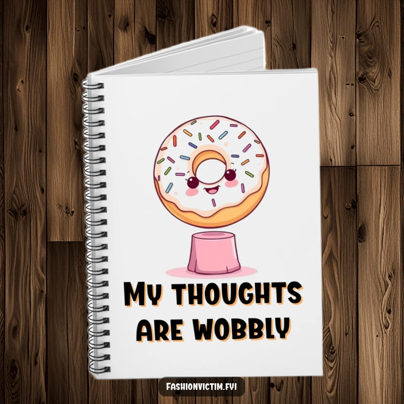 Funny notebook with a dramatic donut and sprinkles posing on a tiny pedestal, perfect for capturing dramatic thoughts and notes.