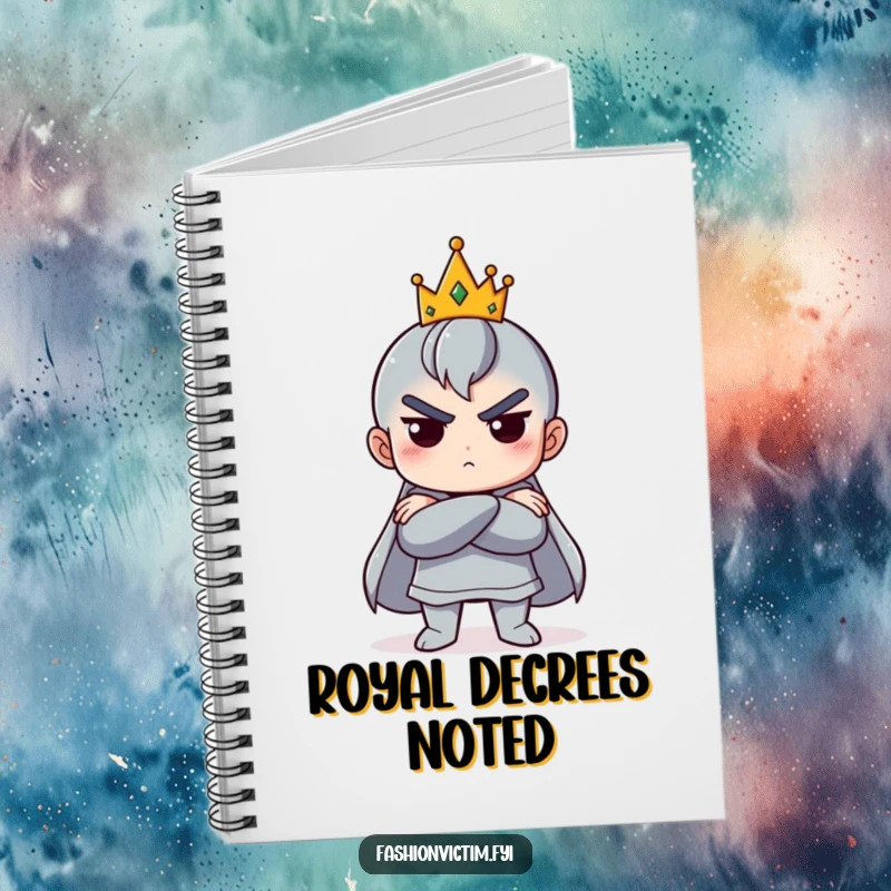 Funny notebook with a character dramatically posing with a small, tilted crown, designed for capturing royal ideas.