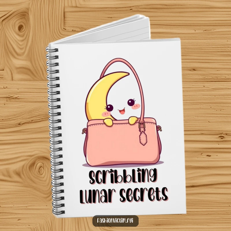 Funny happy crescent moon character peeking from behind a trendy handbag, making this notebook a humorous and stylish place for notes.