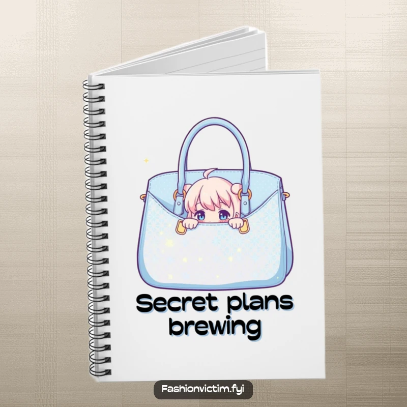 Funny notebook cover with a character peeking from a dazzling handbag, encouraging creative writing and organization with humor.