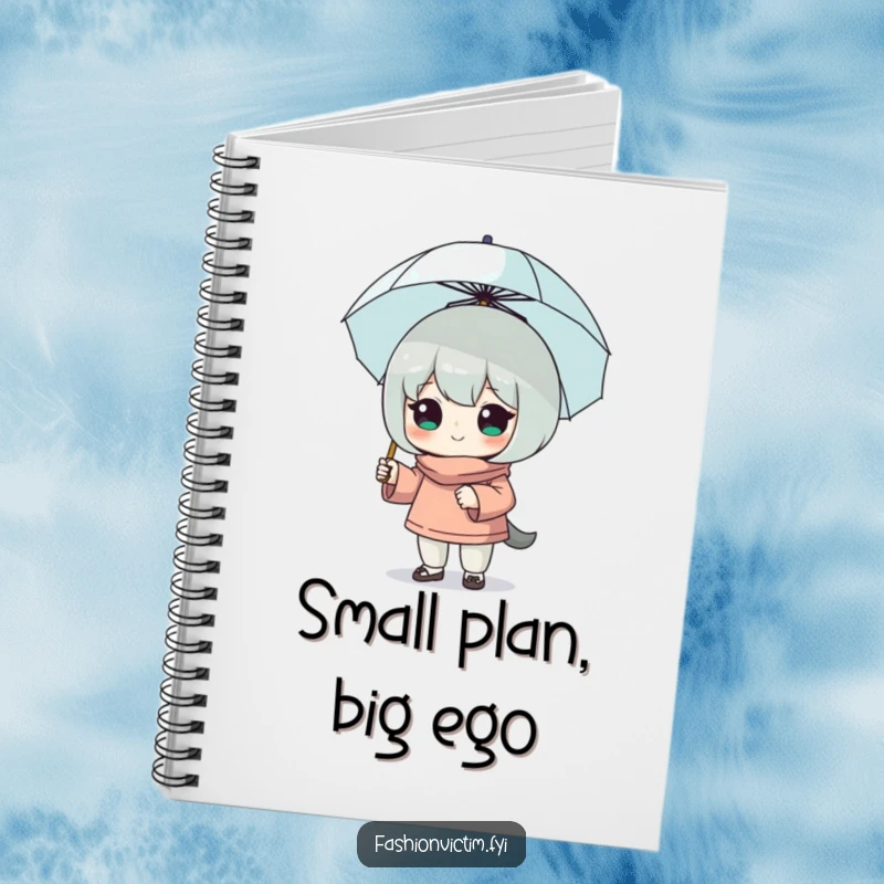 Funny notebook featuring a character using a tiny umbrella to shield their bold ideas, designed for confident and humorous note-taking.