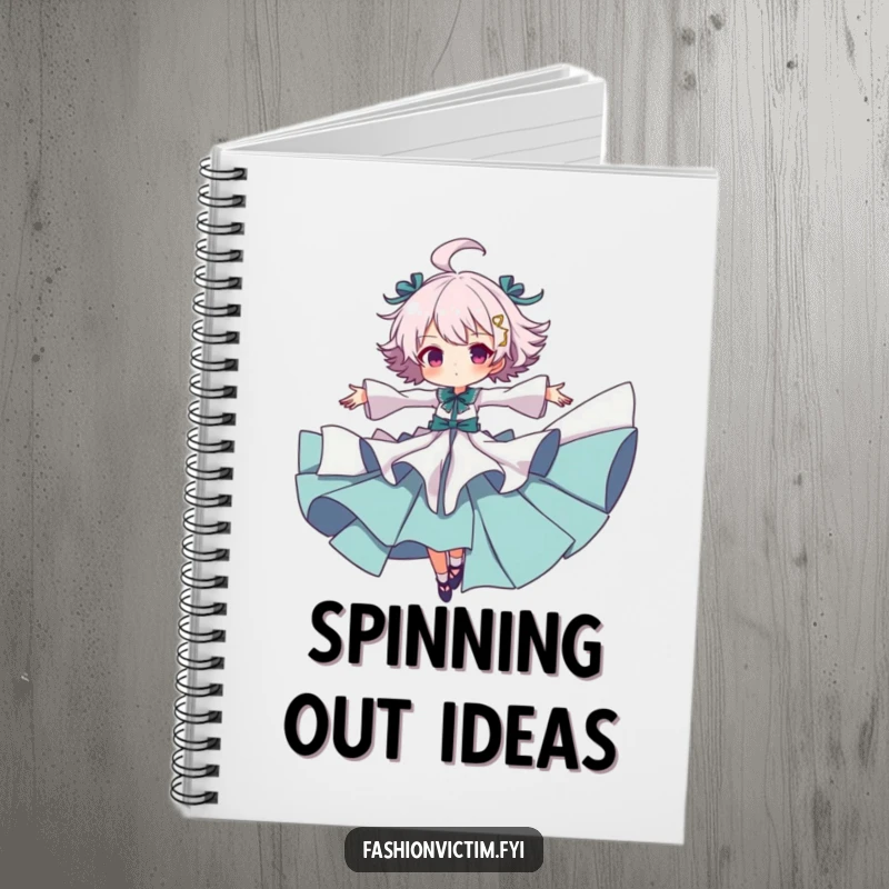Funny notebook cover with a character in ruffled clothing spinning with arms outstretched, encouraging expressive writing and ideas.