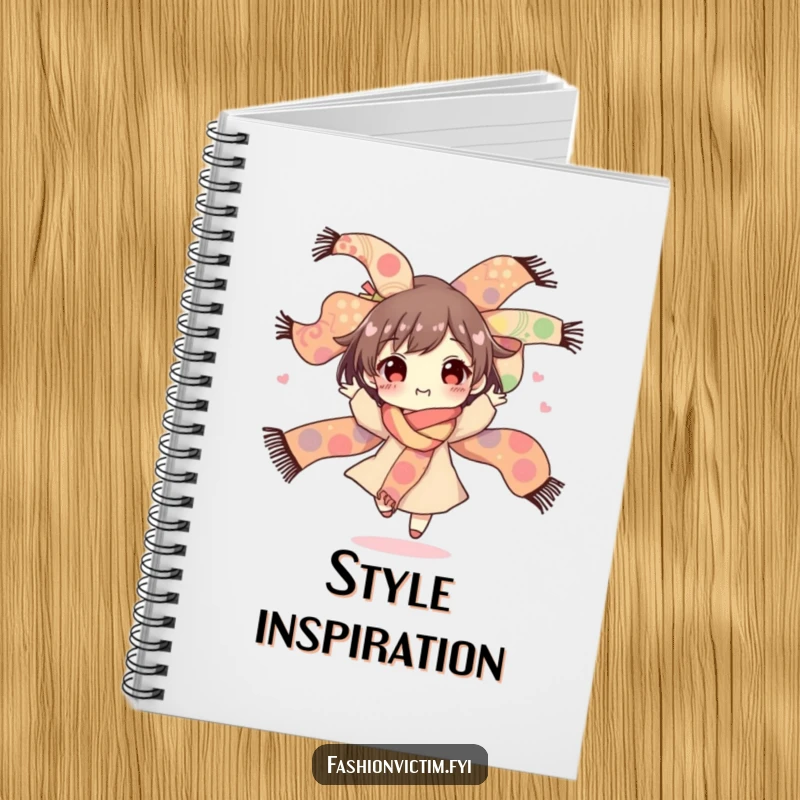 Funny notebook cover art featuring a character gleefully spinning with a vibrant bouquet of wildly patterned scarves, perfect for capturing inspiring ideas.