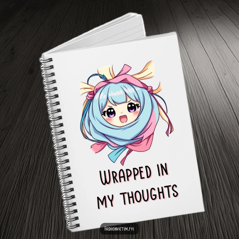 Funny notebook cover with a character happily tangled in colorful fabric, looking surprised and pleased, encouraging creative thoughts.