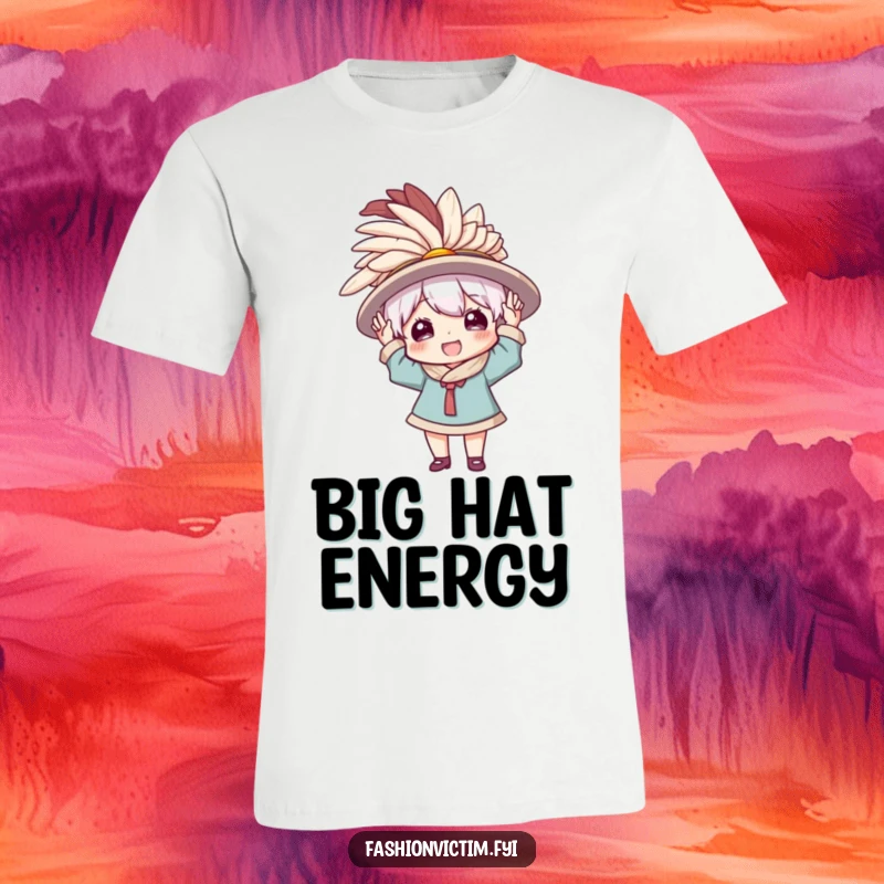 Funny t-shirt graphic of a character enthusiastically wearing a ridiculously large, feathered hat, celebrating bold fashion and joyful expression.