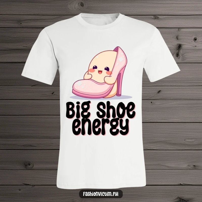 Funny t-shirt depicting a cheerful blob character admiring a ridiculously large, sparkly shoe, celebrating extravagant fashion and footwear.