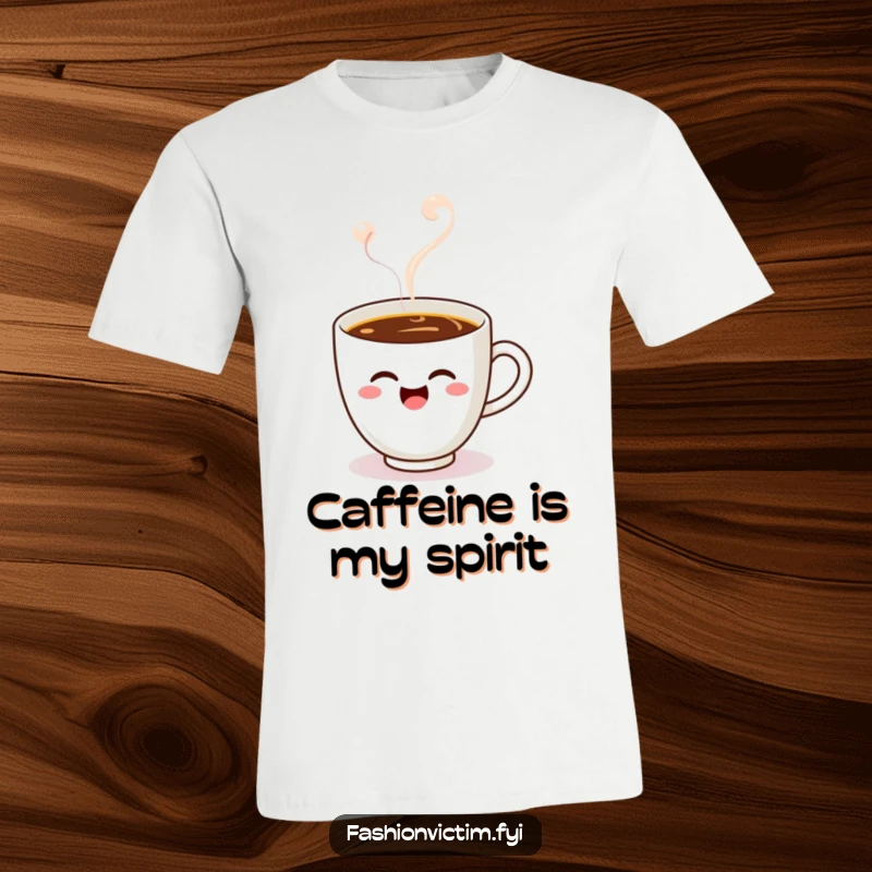 Funny Kawaii coffee cup t-shirt, winking and floating in steam, a playful and humorous design for coffee enthusiasts.
