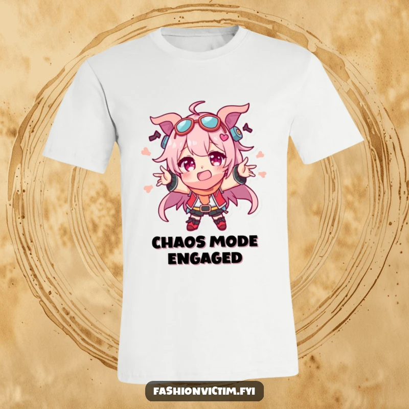 Funny t-shirt showcasing a character exuding personality with a hilarious display of numerous, mismatched accessories, joyfully expressing chaotic energy.