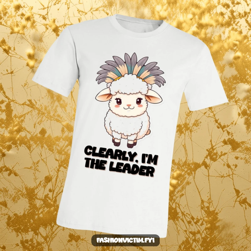 Funny sheep t-shirt, a fluffy sheep proudly sporting a comically oversized feathered hat, whimsical fashion.