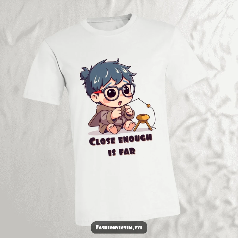 Funny t-shirt design of a character intensely focused on threading a tiny needle, wearing ridiculously large spectacles.