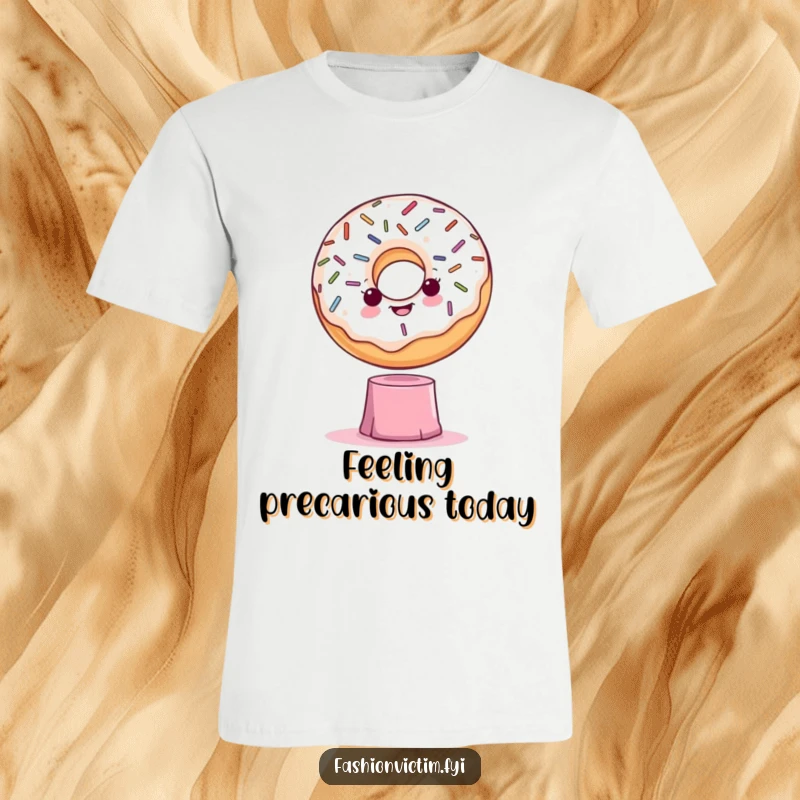 Funny t-shirt showcasing a dramatic donut with sprinkles posing precariously on a small, unstable pedestal, exuding theatrical charm.
