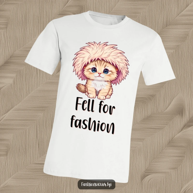Funny t-shirt of a fluffy kitten tumbling down while sporting an oversized, feathered hat with flair.