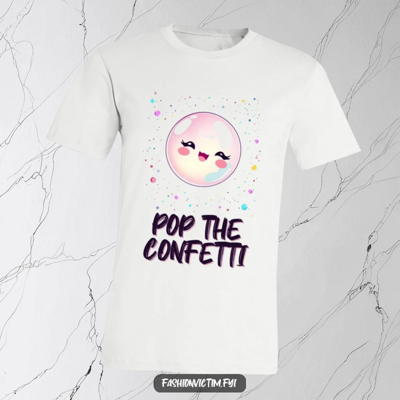 Funny bubble character bursting with excitement amid a shower of glitter and sequins on a stylish t-shirt.