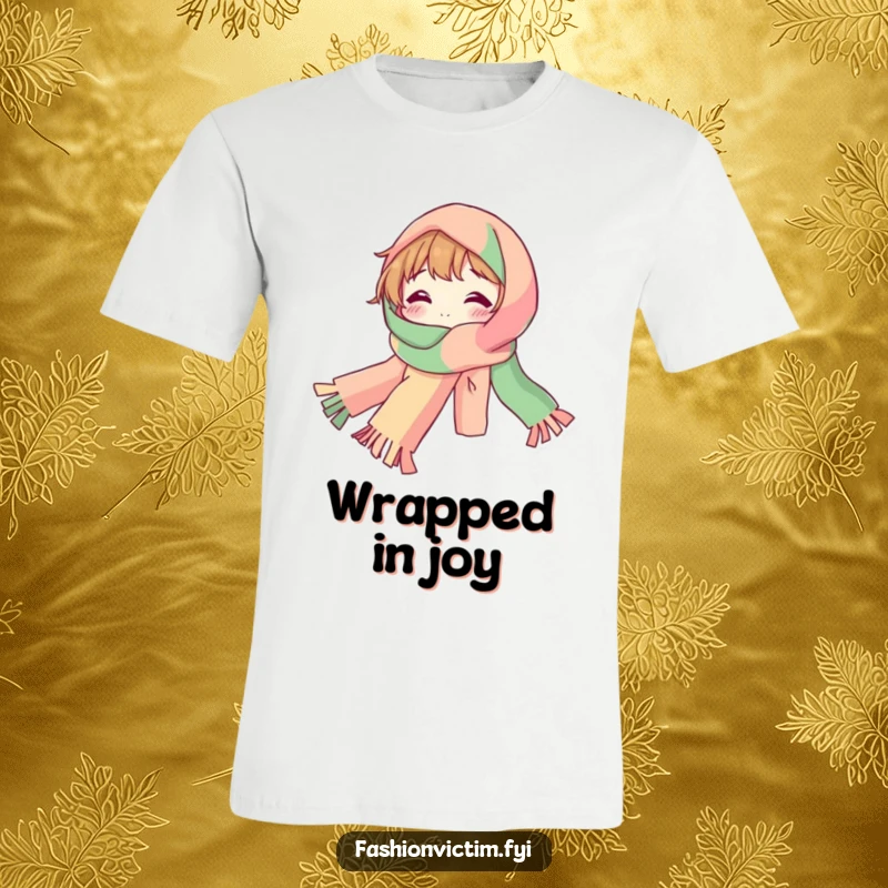 Funny T-Shirt of a bubbly character wrapped in a ridiculously long, colorful scarf, exuding warmth and fun.