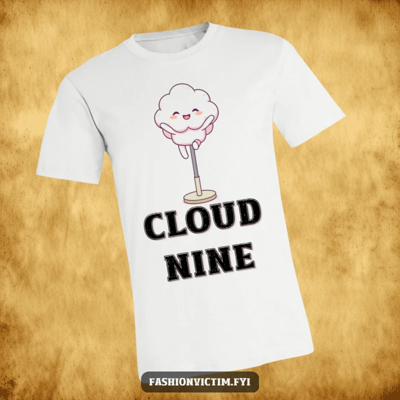 Funny t-shirt depicting a fluffy cloud character joyfully leaping over a mannequin leg, celebrating lightness and carefree movement.