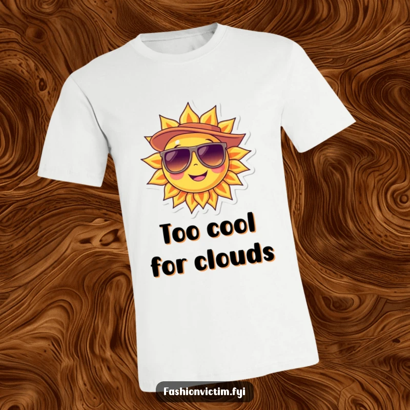 Funny T-Shirt of a smiling sun character sporting oversized sunglasses and a fashionable hat, exuding coolness.