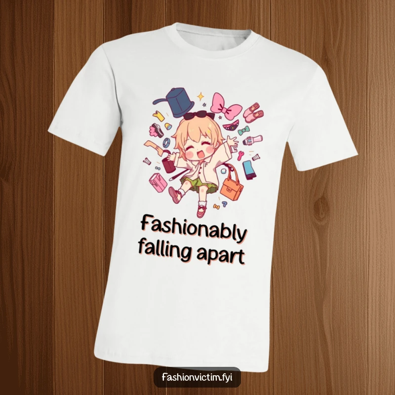 Funny t-shirt illustration of a character mid-trip, with fashion items flying dramatically in all directions, creating visual comedy.
