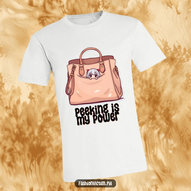 Funny t-shirt with a tiny character peeking out of a large, stylish but damaged handbag, a humorous depiction of fashion finds.