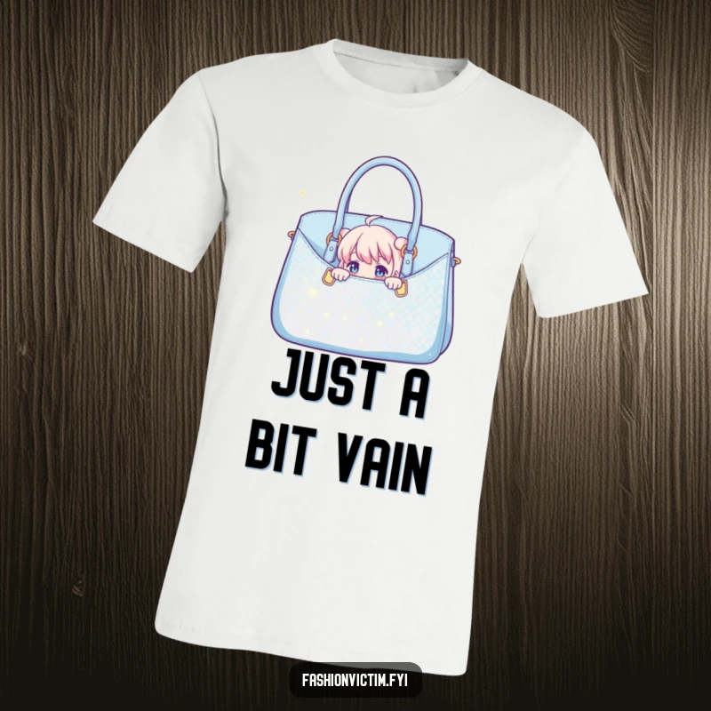 Funny t-shirt graphic of a character peeking from a massive, glittery handbag, exuding a playful and secretive vibe.